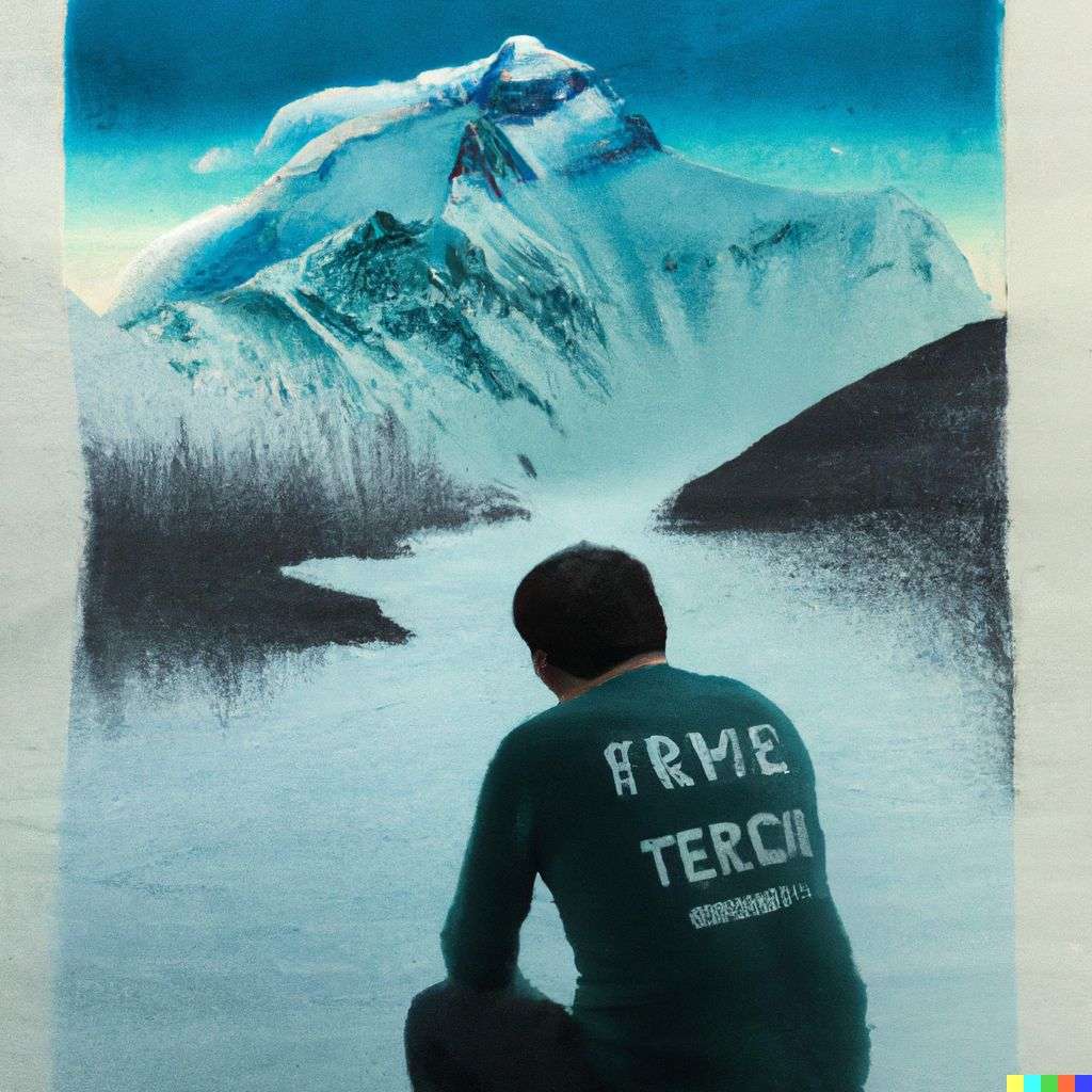 someone gazing at Mount Everest, water transfer printing